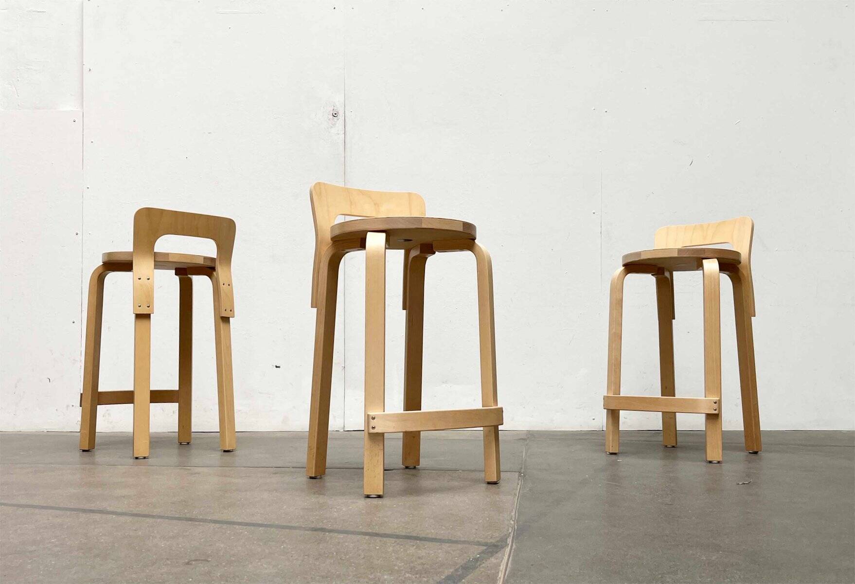 Mid-Century Modern High Stools K65 by Alvar Aalto for Artek, Finland, 2017, Set of 3