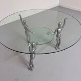 80s design glass and metal coffee table with vintage metal characters