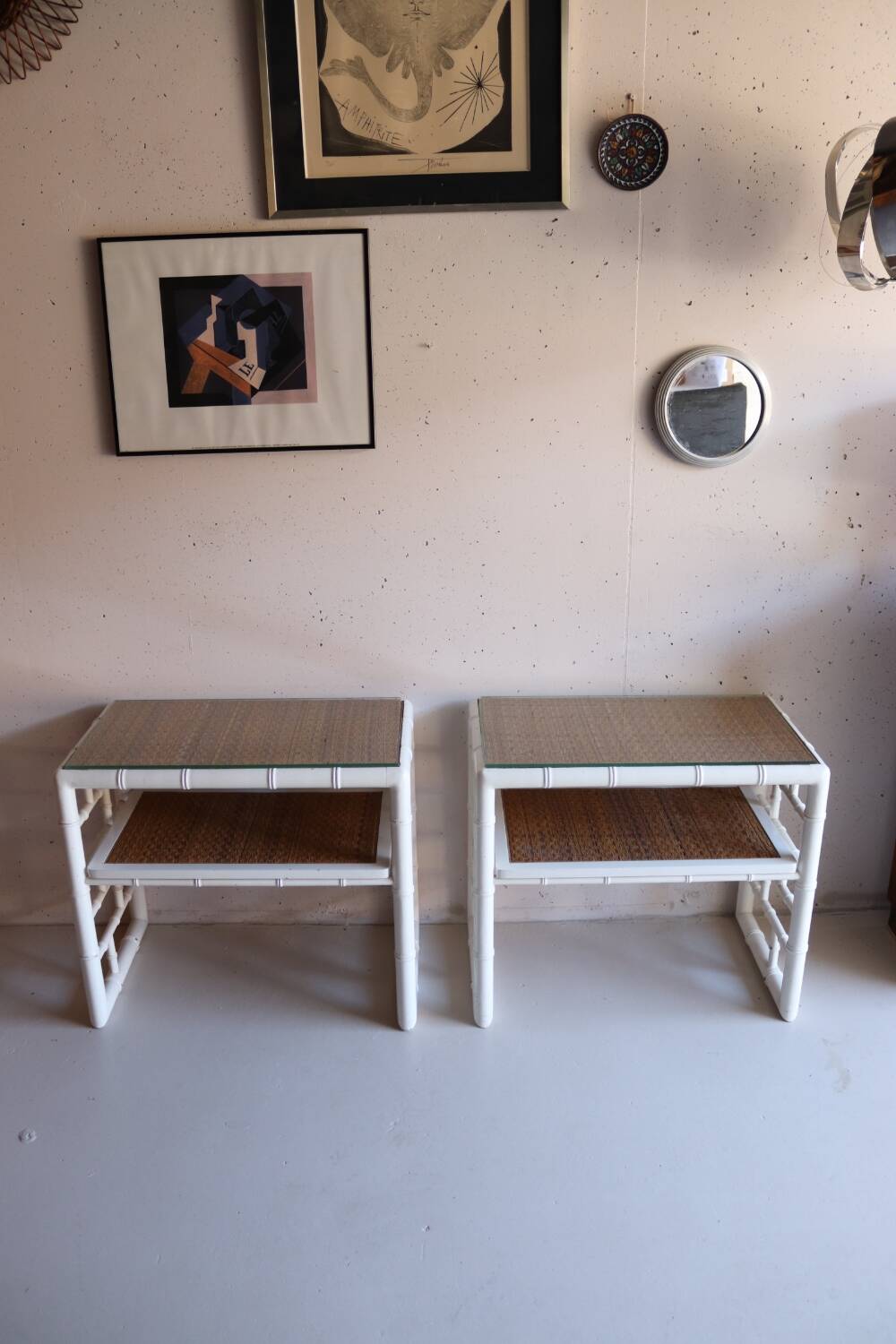 Pair of bedside tables in bamboo effect wood and woven wicker