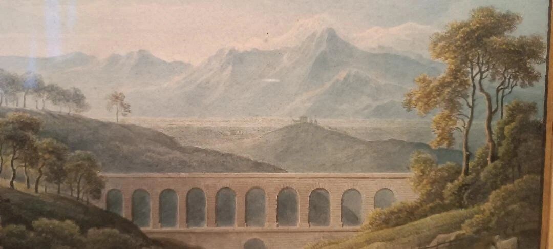 Aquarelle ancienne sur papier du début du XIXe siècle – paysage avec aqueduc.