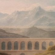 Aquarelle ancienne sur papier du début du XIXe siècle – paysage avec aquedu