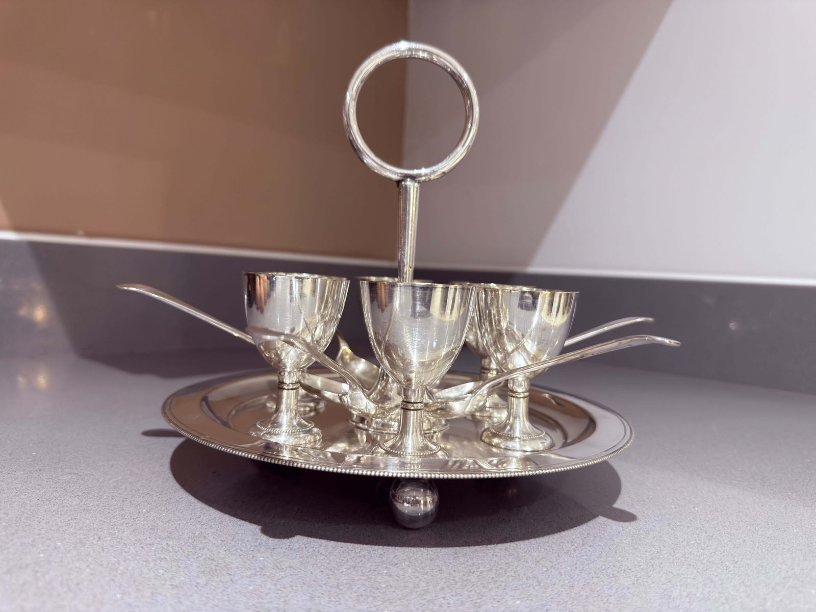 Antique Silver Egg Coddler Stand Holder Set Of 6 Egg Holder With 6 Silver Spoons