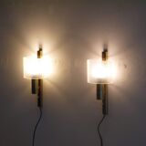 Pair of 1970 brass and plexiglass wall lamps
