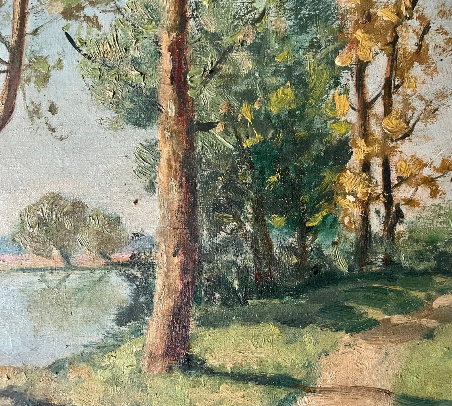 1940s French Landscape oil painting on canvas River, trees and path
