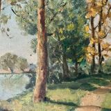 1940s French Landscape oil painting on canvas River, trees and path