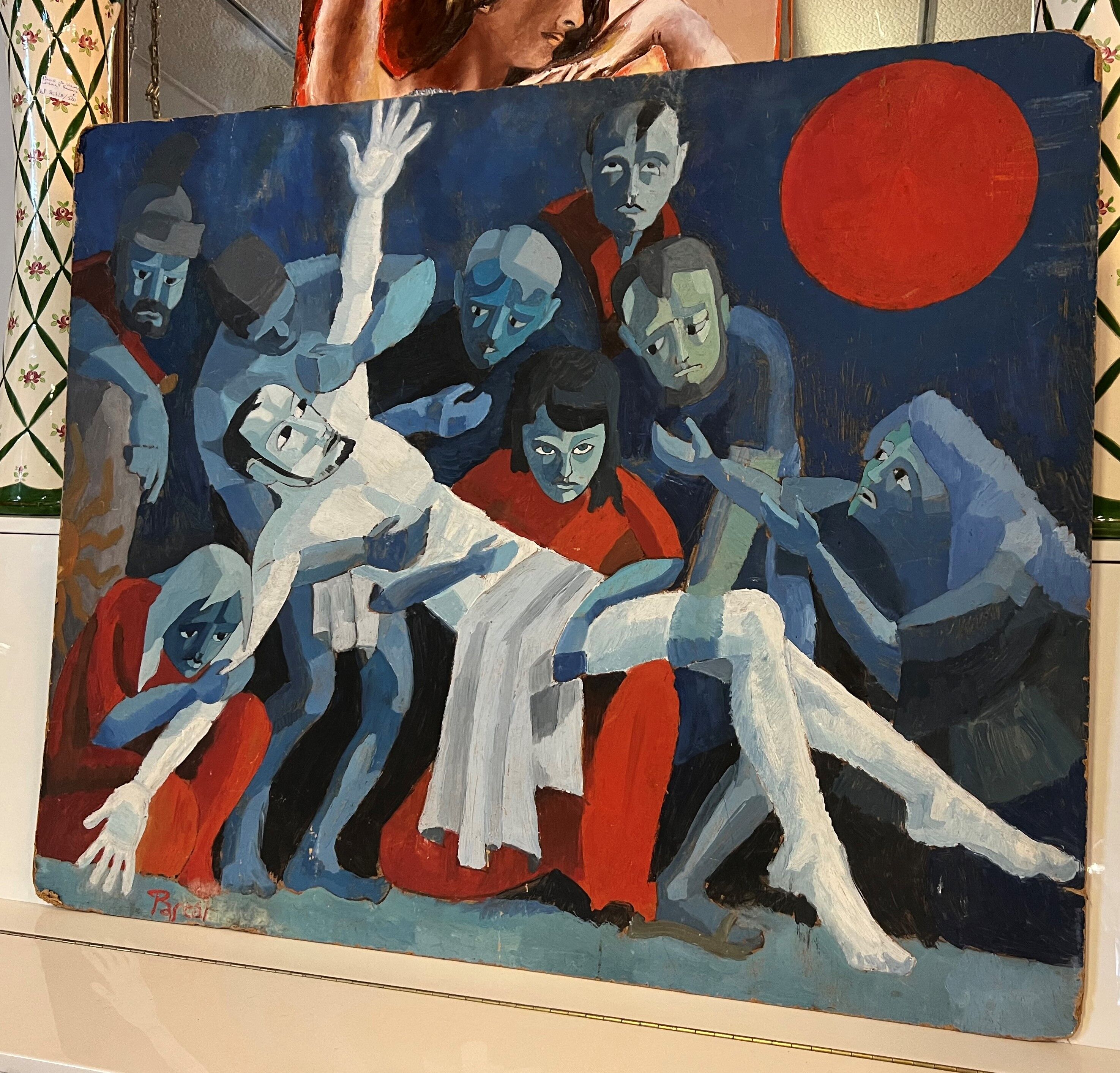 Huile sur panneau: tableau religieux moderniste signé Pascal