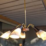 Five-branch opaline, bakelite and brass chandelier from the 50s