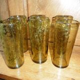 6 verres bullés, soufflés bouche , Biot service orangeade couleur ambre