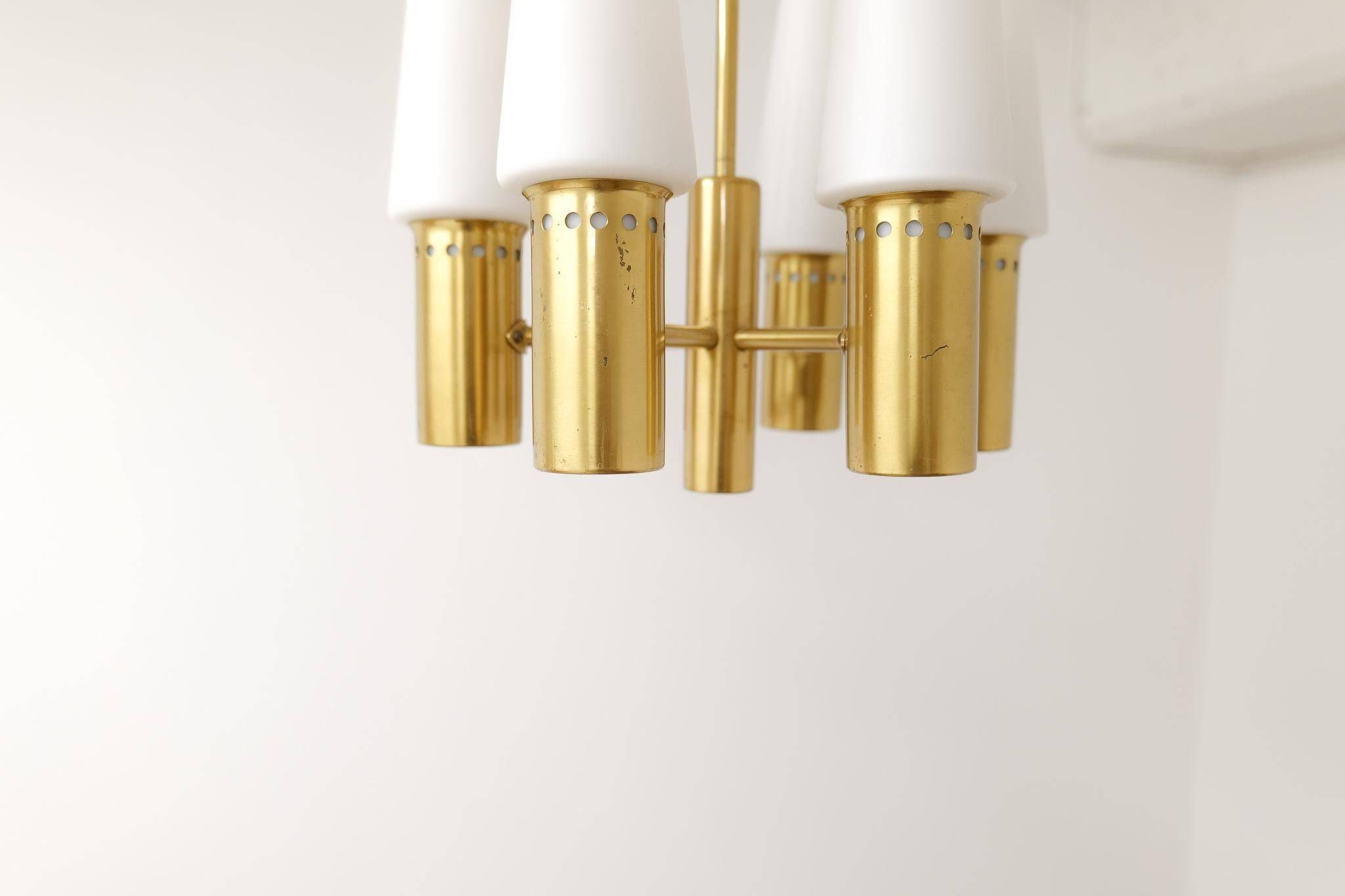 Midcentury brass and opaline ceiling lamp by Hans-Agne Jakobsson, Sweden, 1950s.