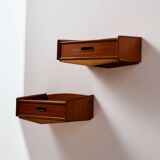 Wall mounted teak and beech bedside cabinet, Set of 2