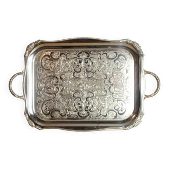 Silver-plated and chiseled metal tray with floral motifs