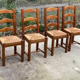 4 Vintage Farmhouse Style Dining Chairs in Solid Oak Straw Wood