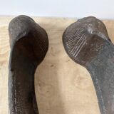 Pair of modernist anthropomorphic fireplace andirons, brutalist log holders 1950s