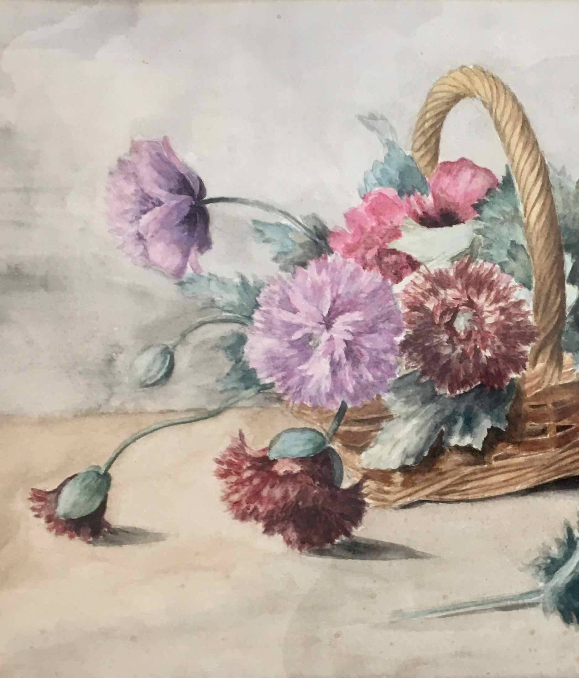 Watercolor painting basket of peonies