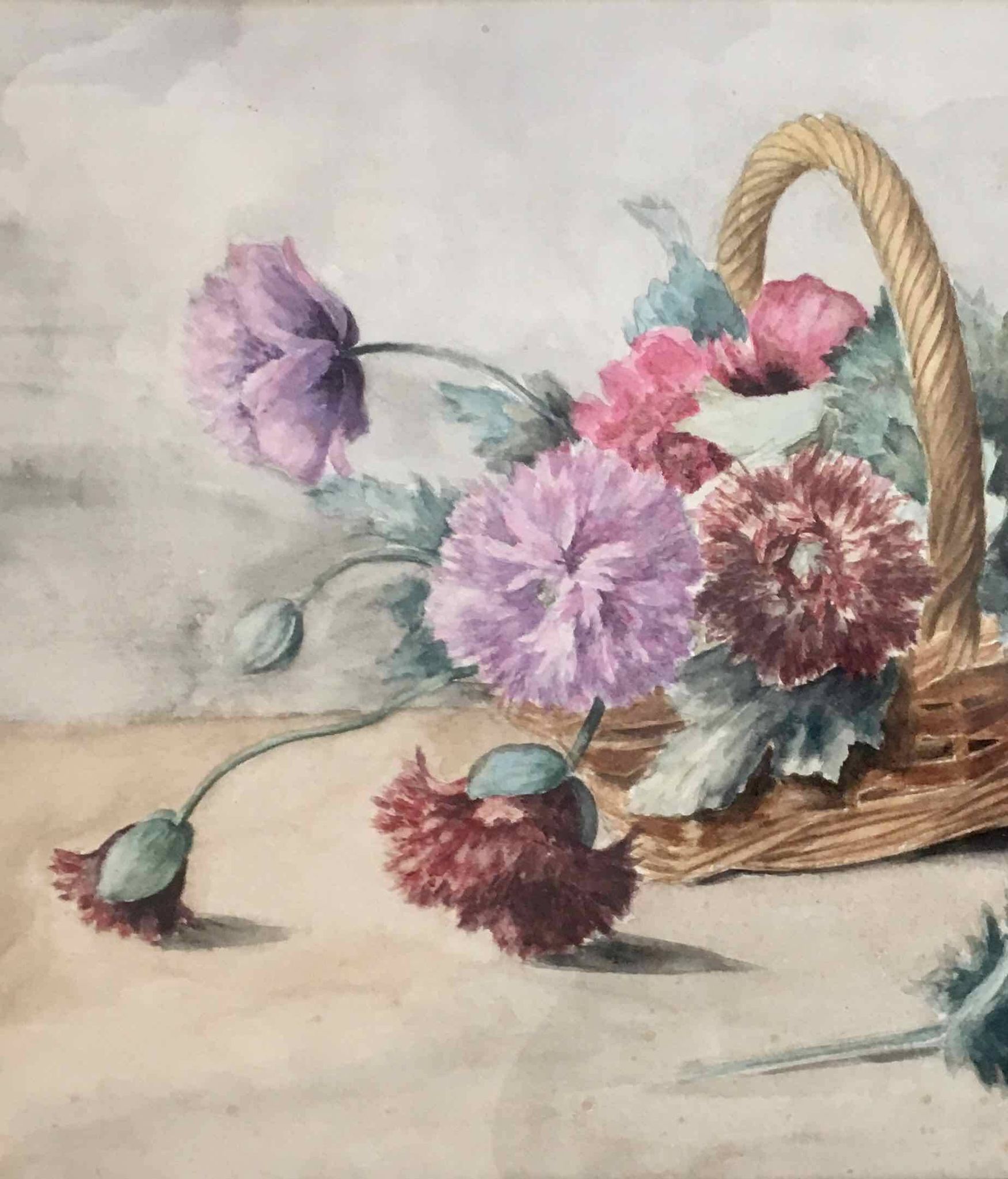 Tableau aquarelle panier de pivoines