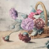 Watercolor painting basket of peonies