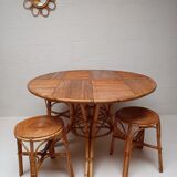 Bamboo table with extensions, 3 chairs and 3 stools from the 60s