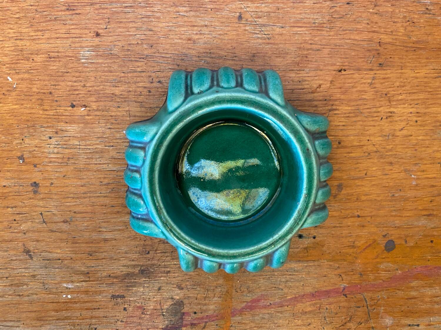 Antique Green Ceramic Ashtray Pocket Empty Vintage