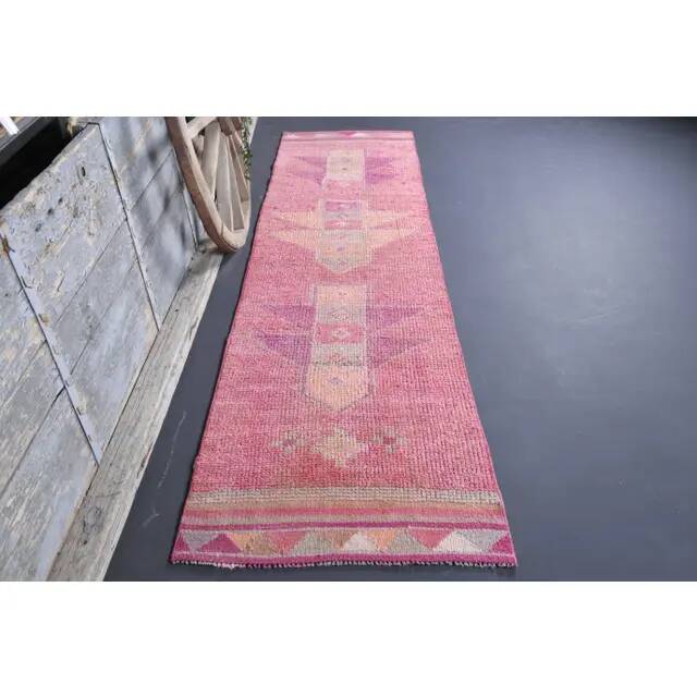 Tapis coureur vintage en laine et coton turc noué à la main rose 87x328
