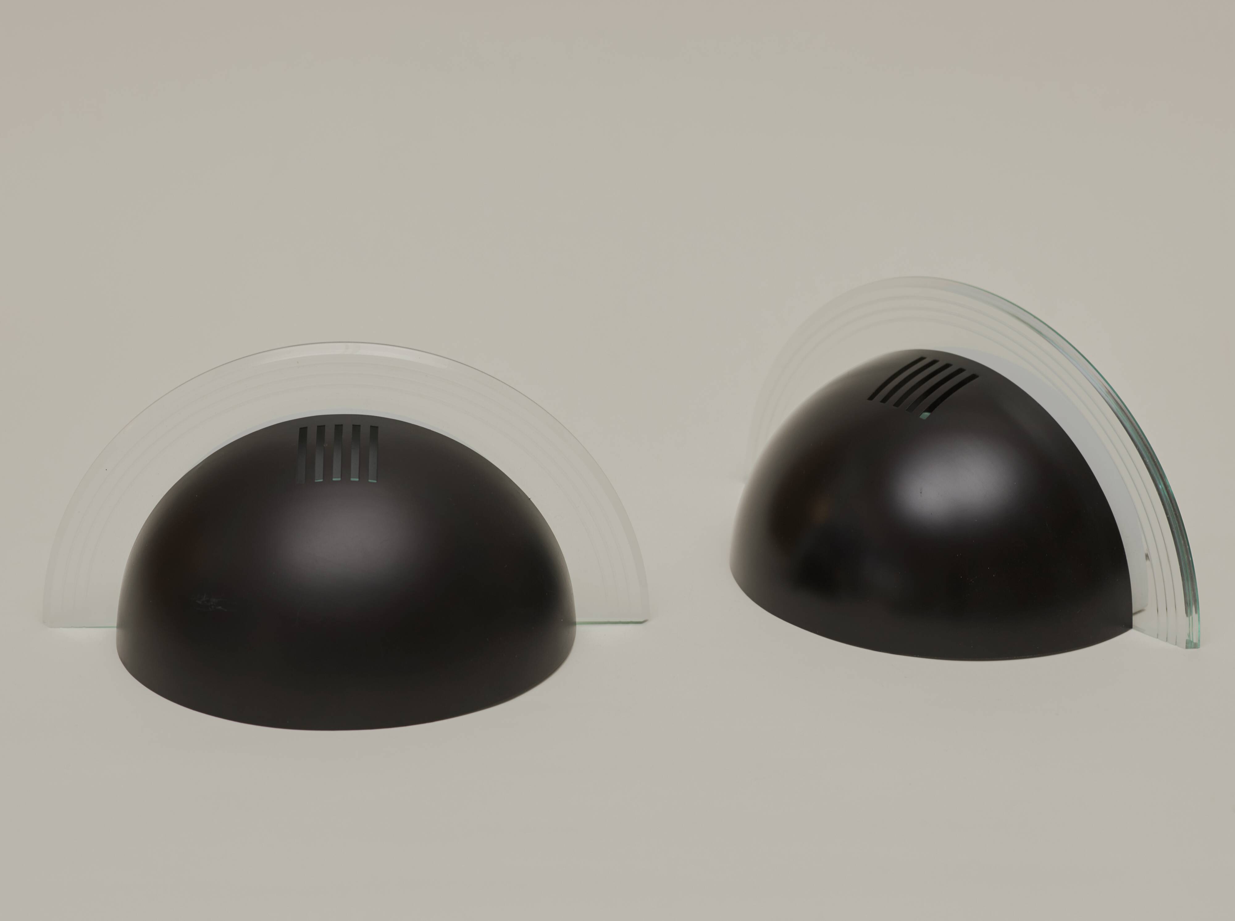 Pair of half-moon metal and lucite wall lights Postmodern Memphis vintage Circa 1980