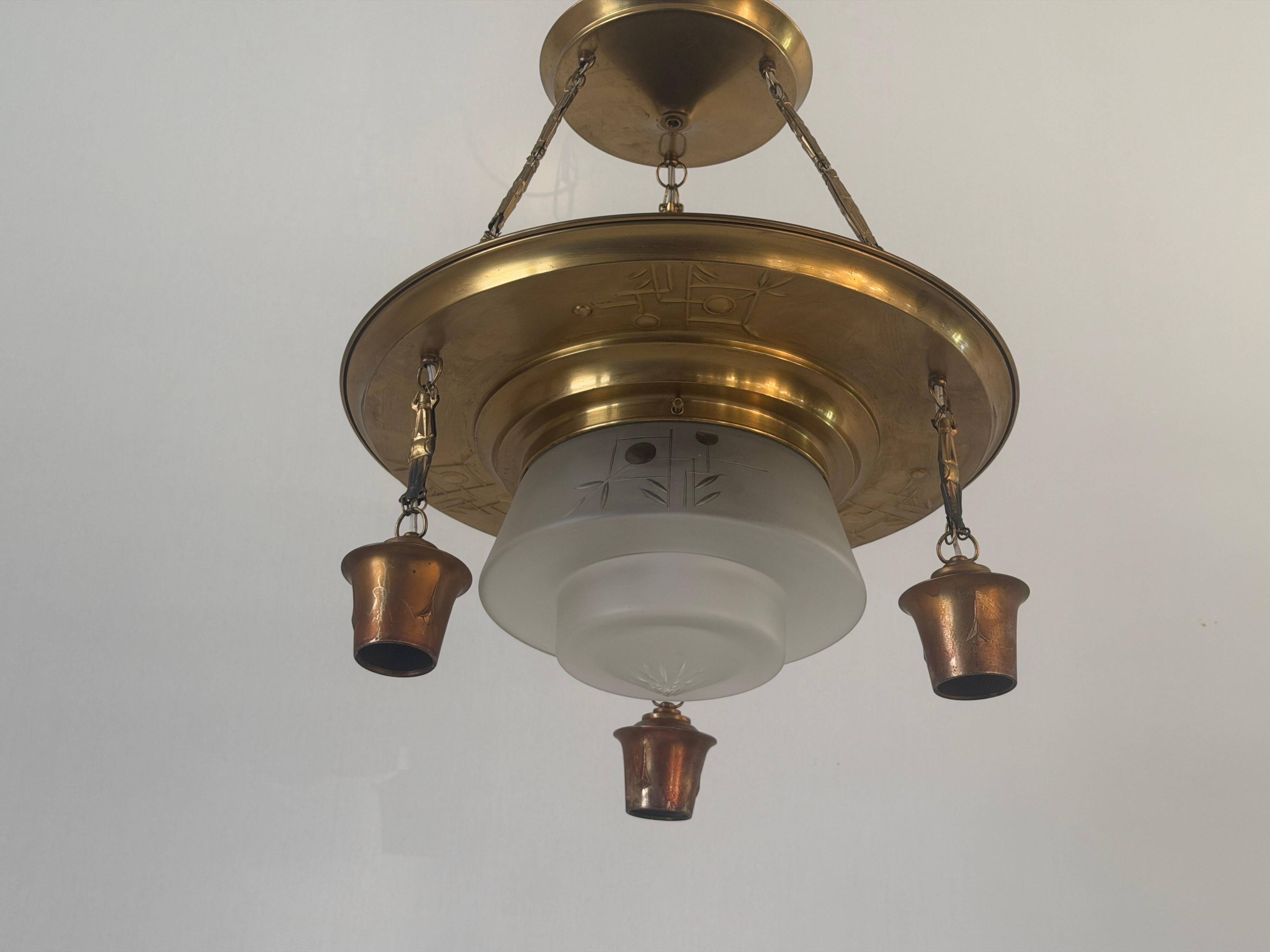 Art Deco ceiling light in copper and glass, 1940s, Germany