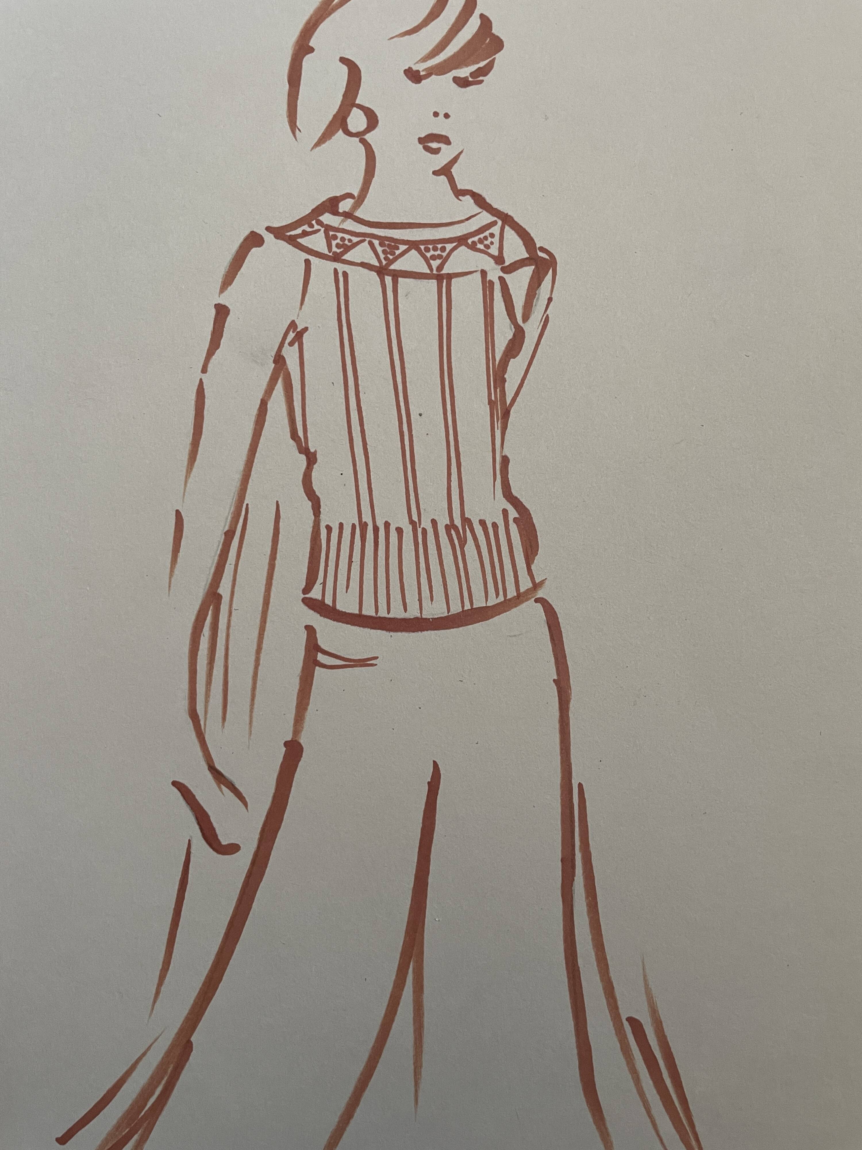 Painting signed in ink fashion engraving "study of a woman's sweater model"