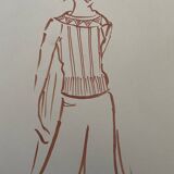 Painting signed in ink fashion engraving "study of a woman's sweater model"