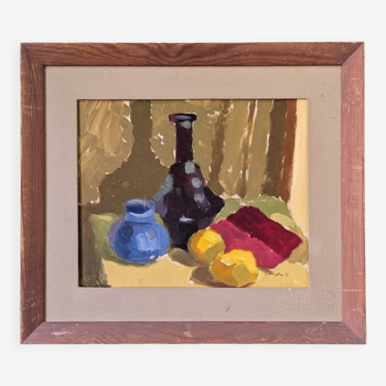 Peinture à l’huile de nature morte vintage suédoise moderne du milieu du siècle, 1949