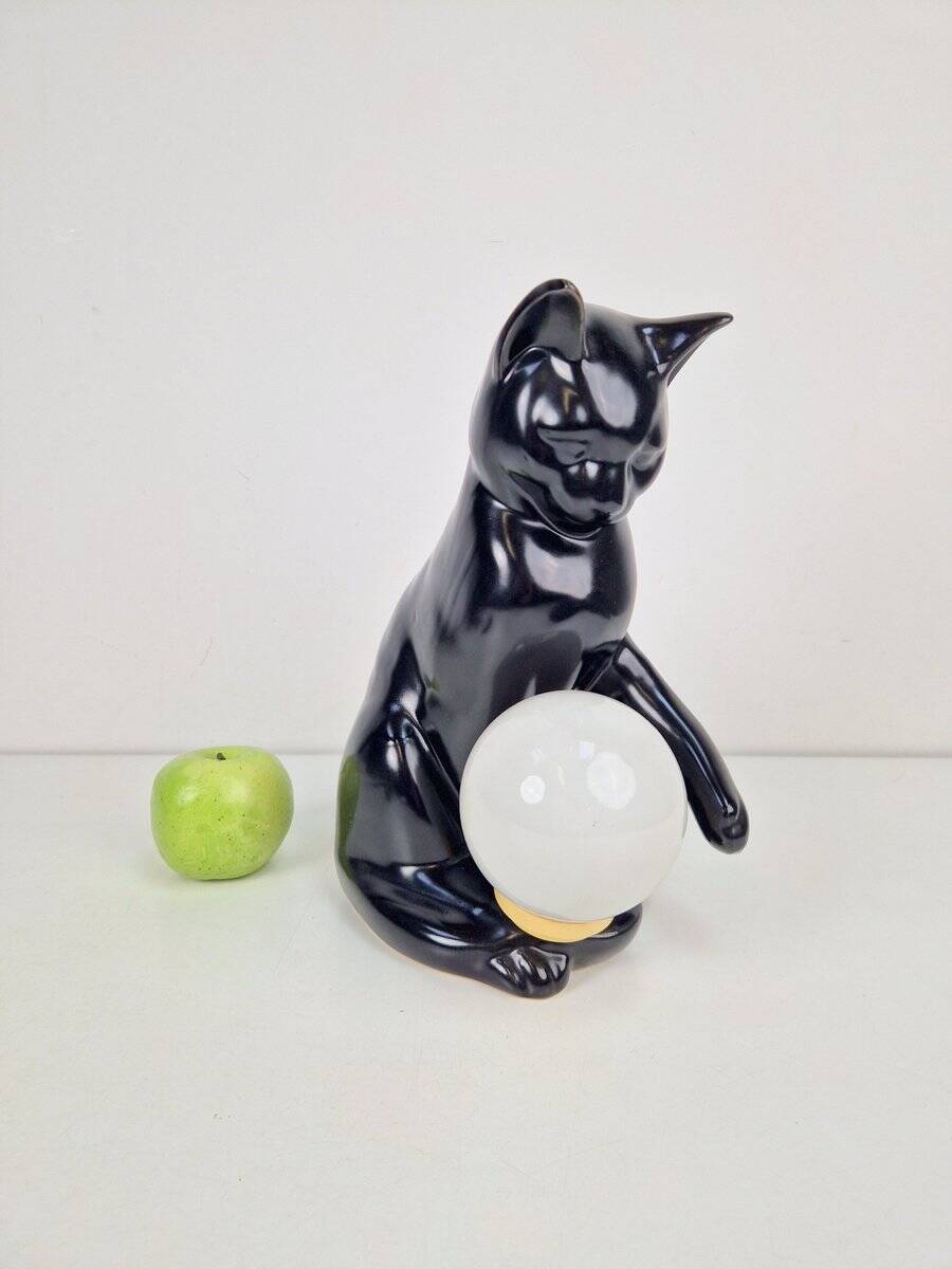 Mid-Century Cat Sphere Table Lamp in Ceramic and Opal Glass, 1970s