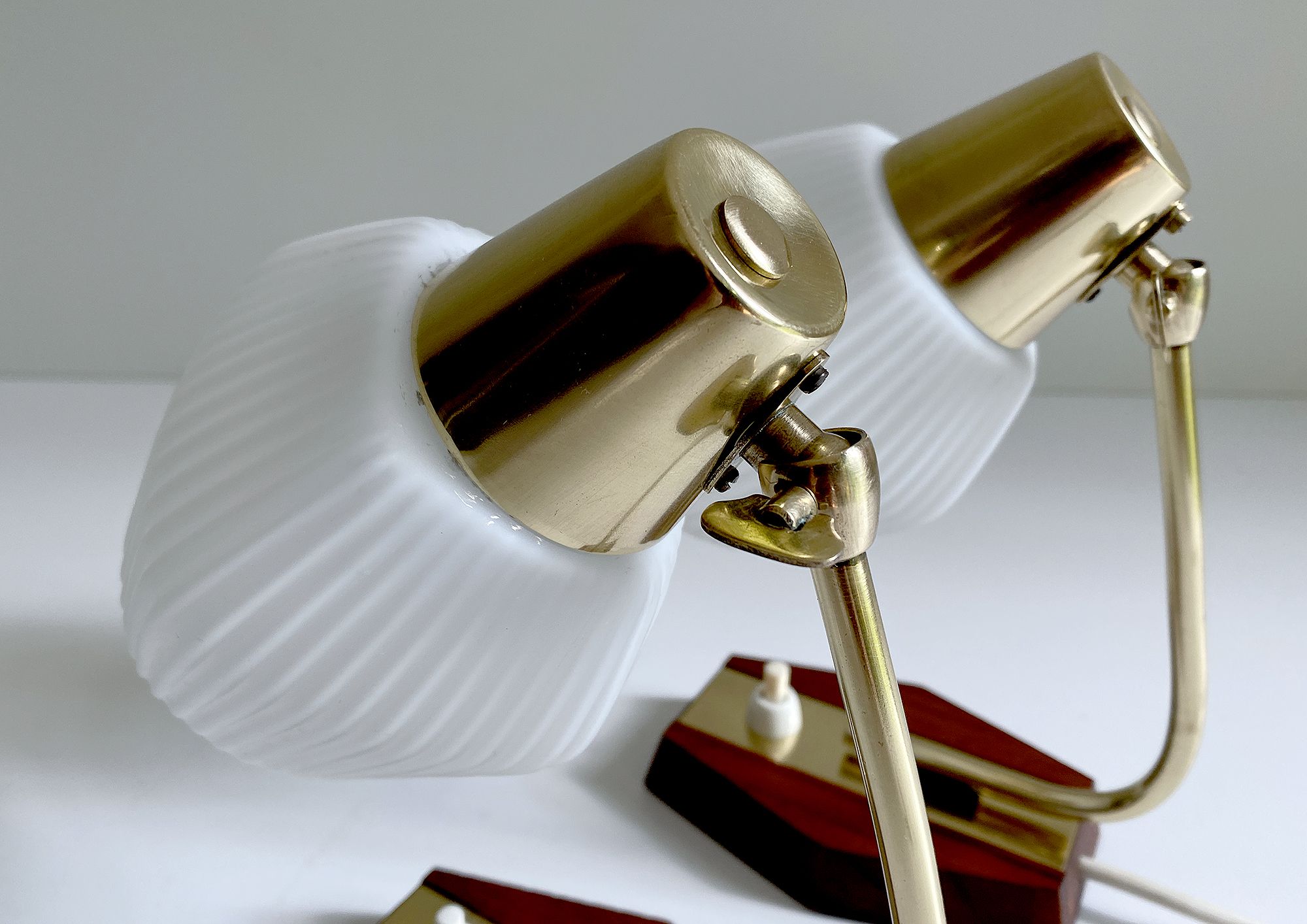 Pair of Scandinavian vintage table or bedside lamps, teak and glass, 60s
