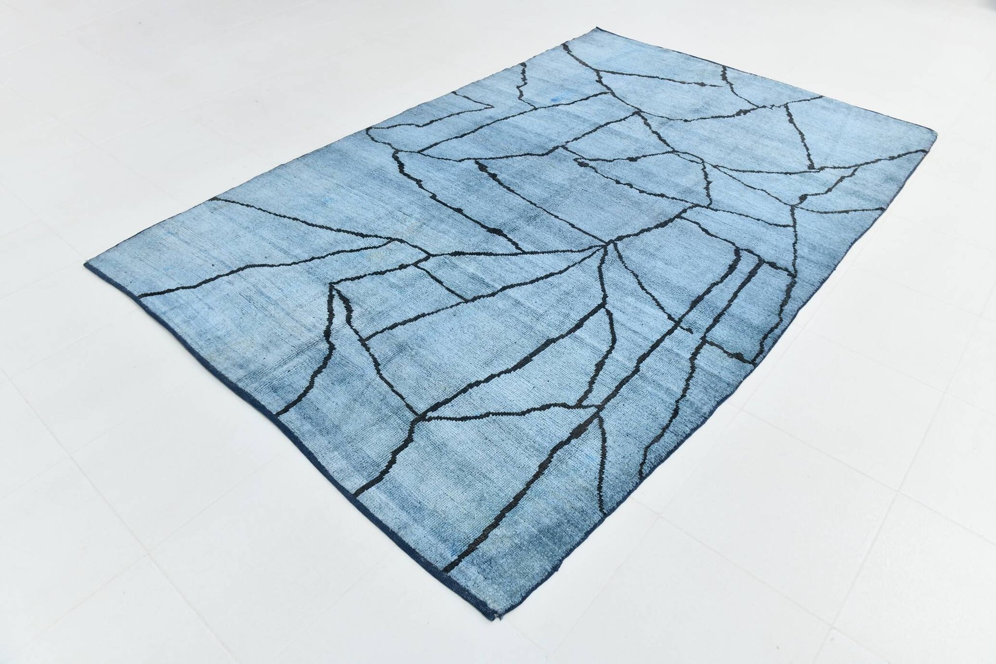 Sky Blue Wool Rug, Modern Handmade Designer Vintage Carpet, 213x281 Cm