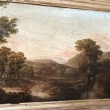 Antique painting on canvas depicting a bucolic landscape