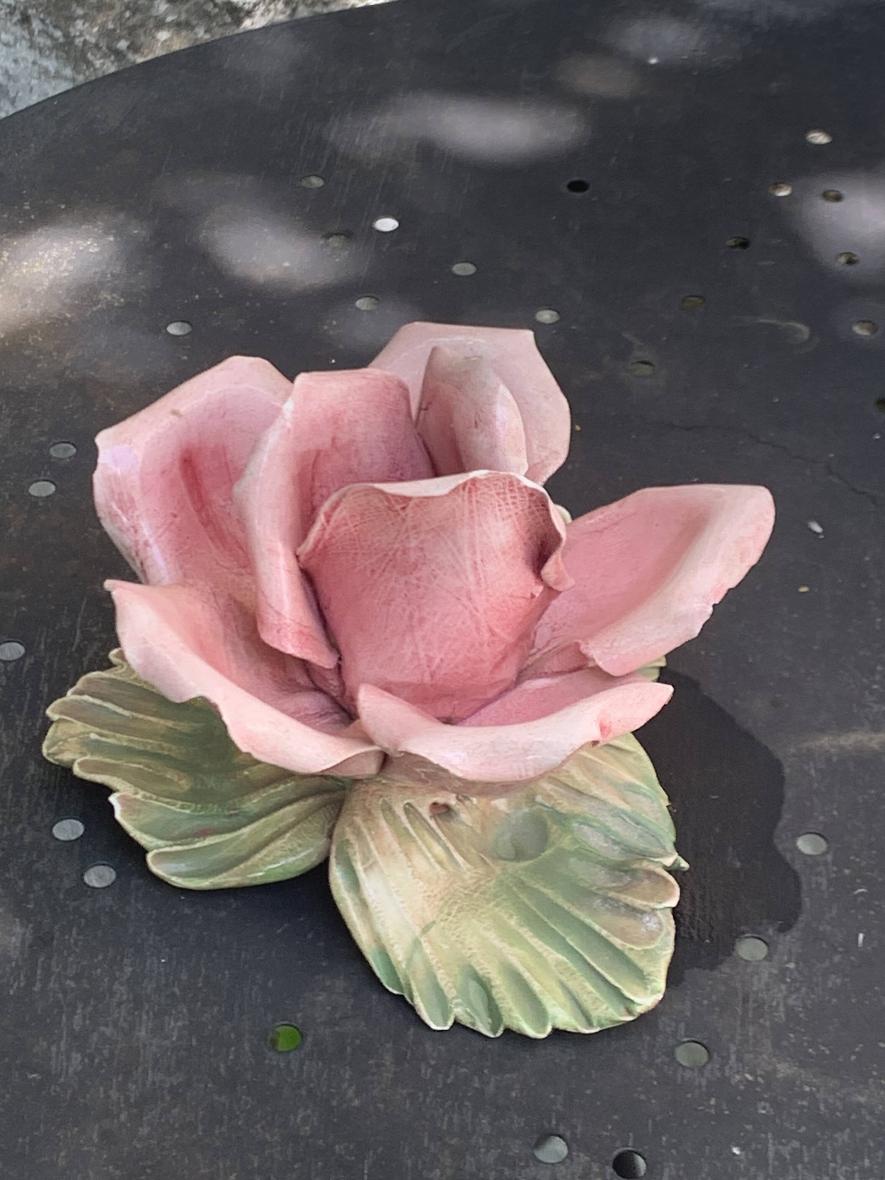 Pink candle holder in slip, old biscuit