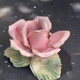 Pink candle holder in slip, old biscuit