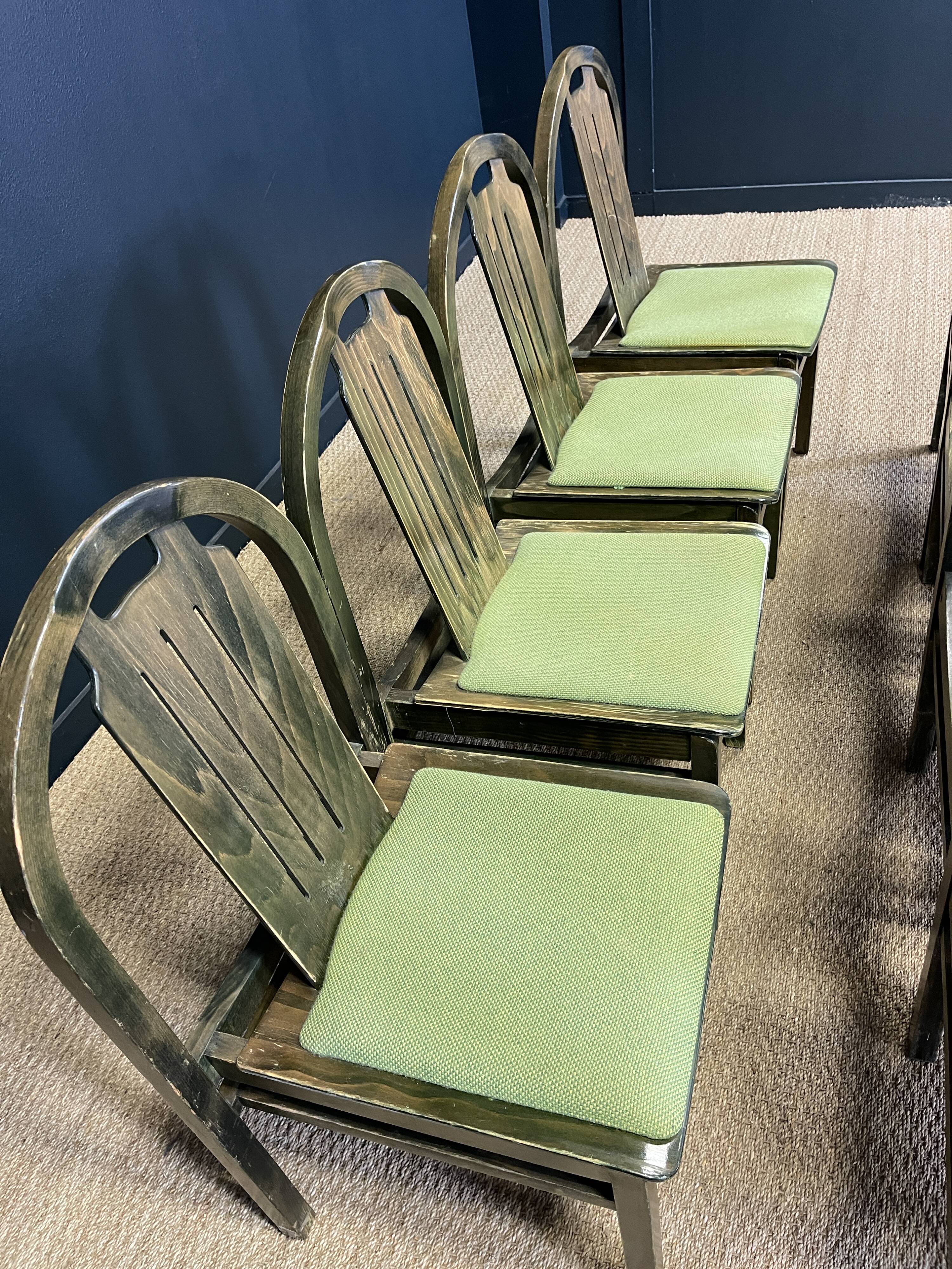 Set of 8 Baumann Argos bistro chairs wood and green fabric 80s France