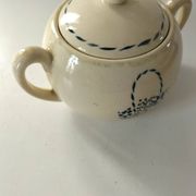HBCM sugar bowl model Paradis in ironstone with blue basket decoration.