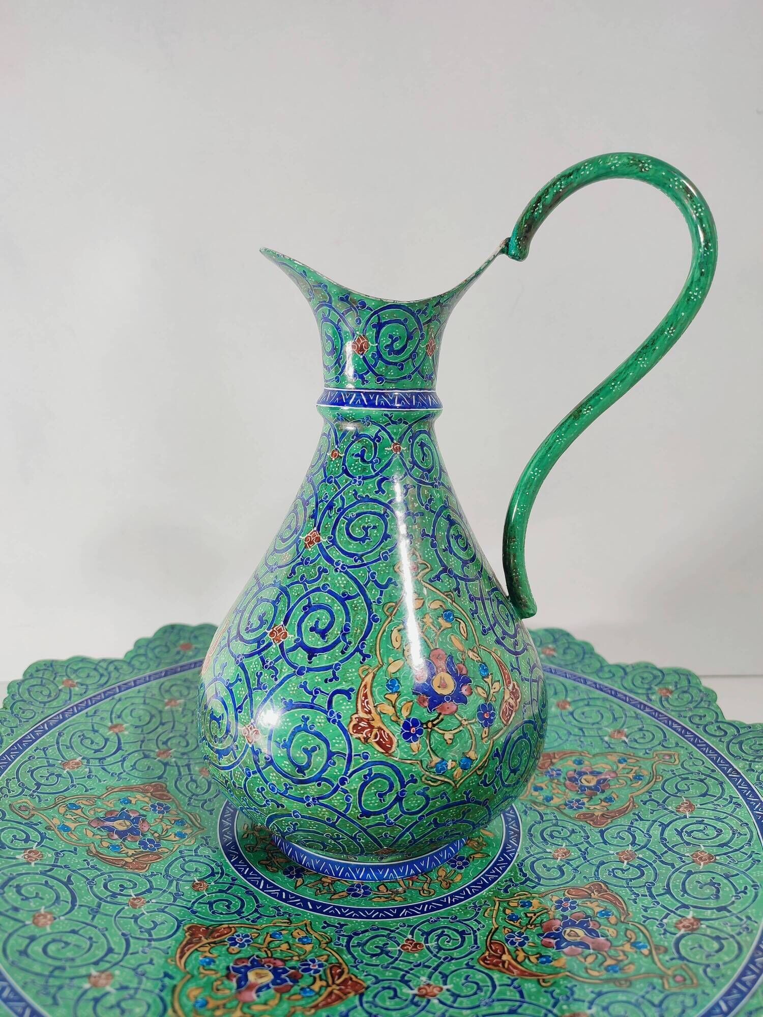 Minakari Signed Enameled Sheet Metal Ewer and Dish / 20th Century Middle East / Jug