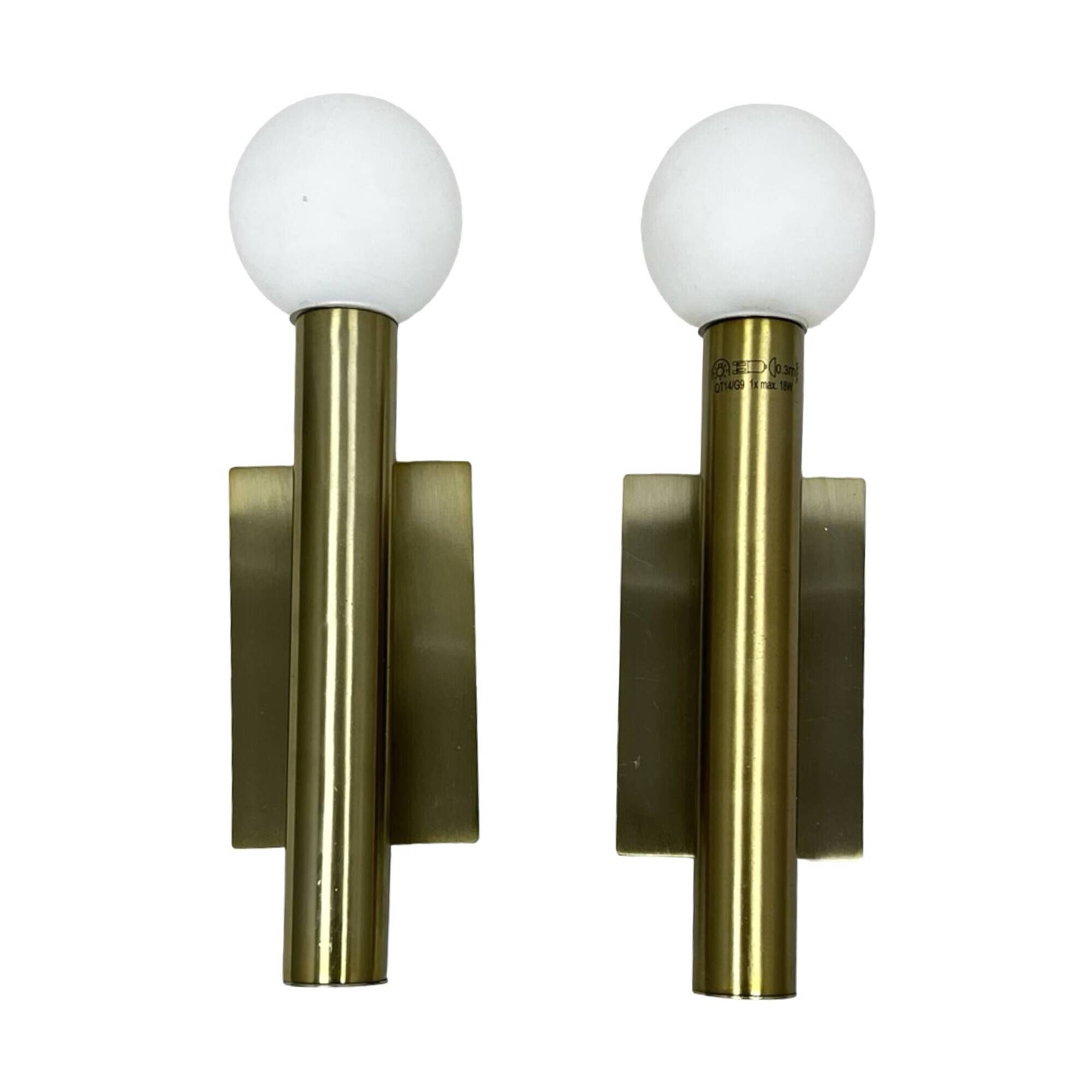 Pair of Lucky Brilliant wall sconces, brass and white globes, Art Deco styl