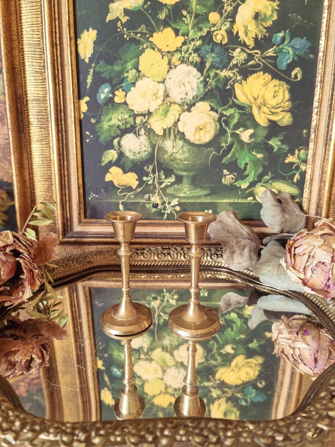 Duo of small brass candlesticks