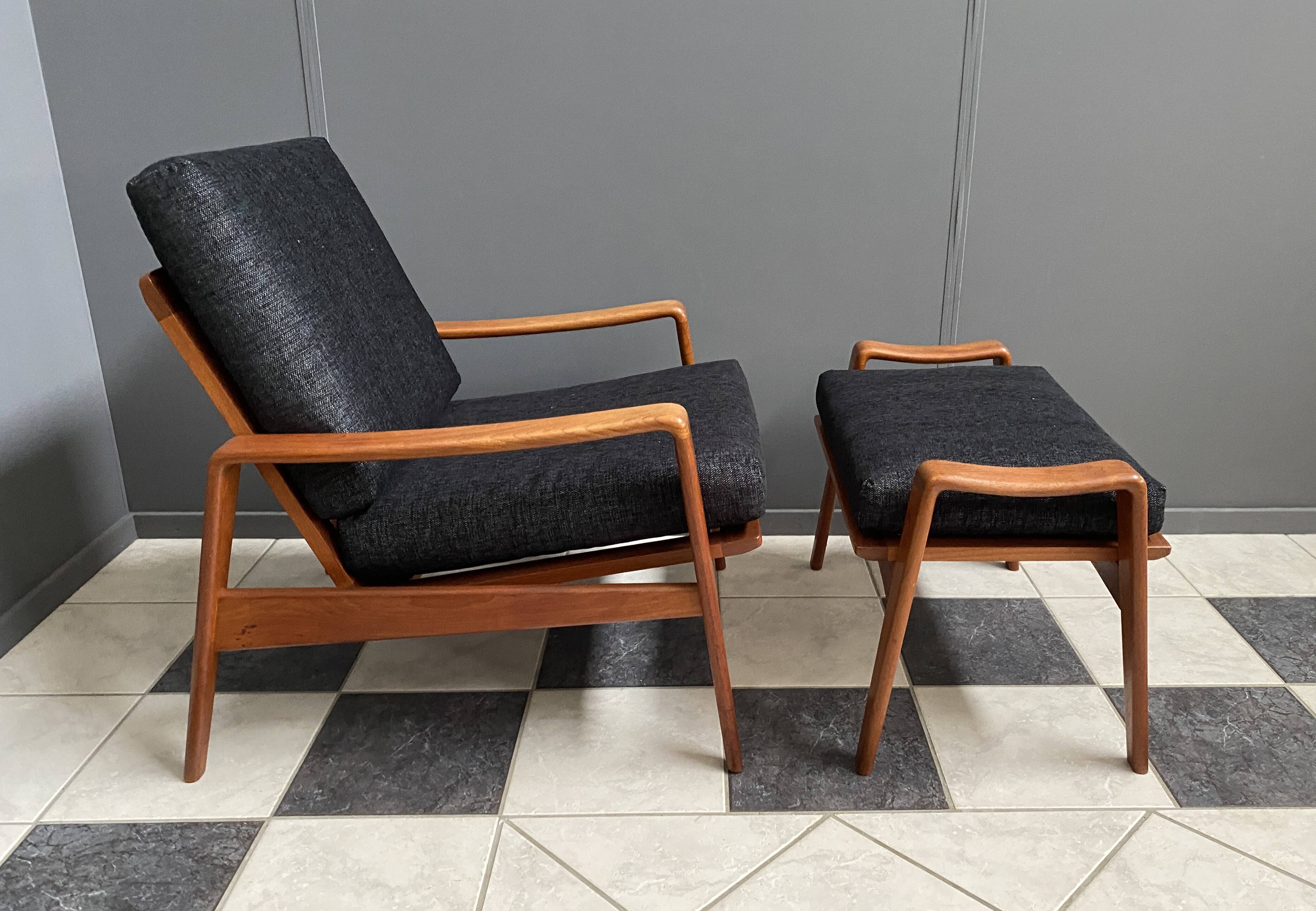 Arne Wahl Iversen Danish Teak chair for Komfort Denmark with Ottoman 1960s