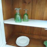 Vintage sideboard enhanced in cloud gray, pitch pine top.