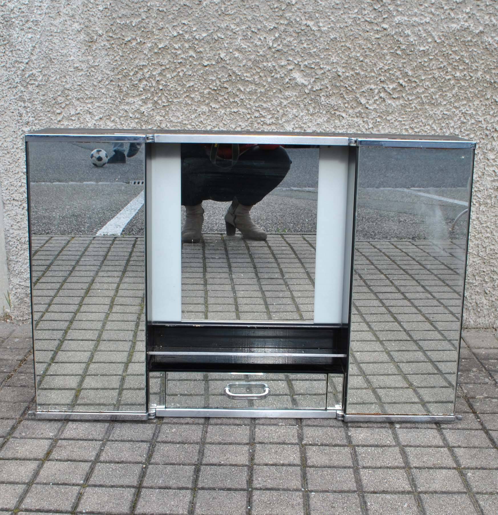 Vintage mirror cabinet in wood and chrome metal - backlit dressing table shelf 1950-1960