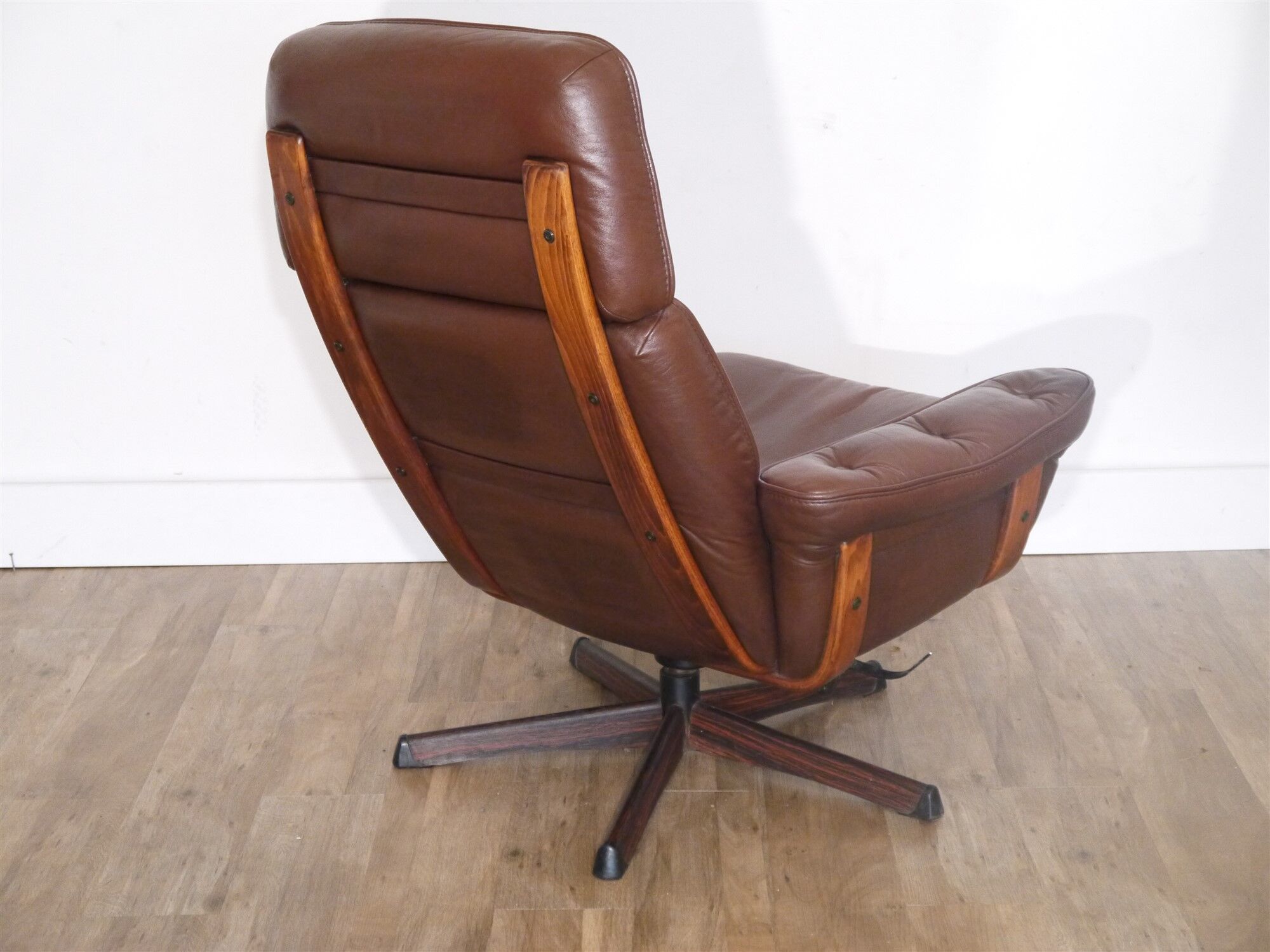 Armchair vintage Scandinavian lounge leather with ottoman 1970