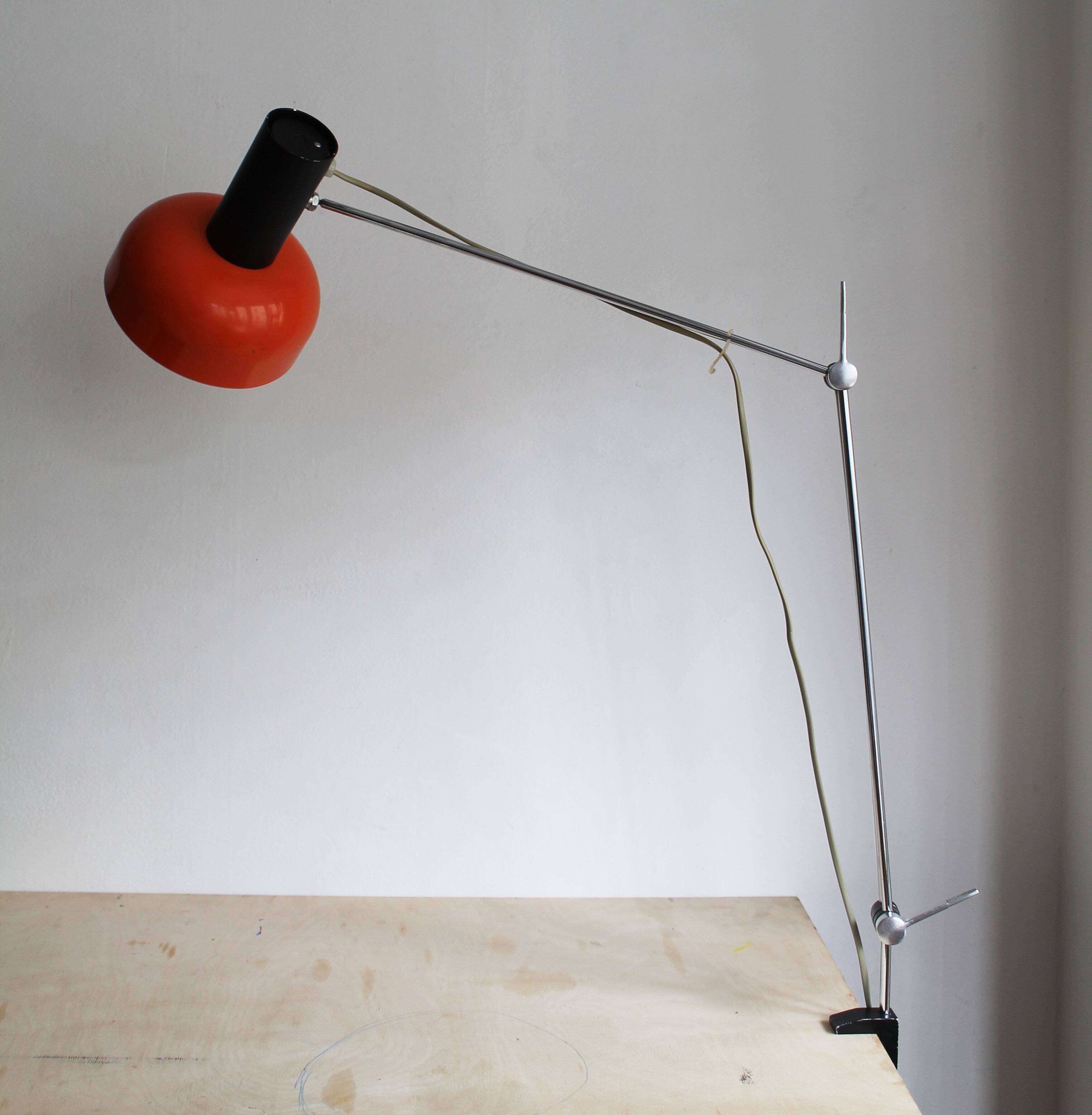 1970s Czechoslovak Orange Clamp Lamp by NAPAKO