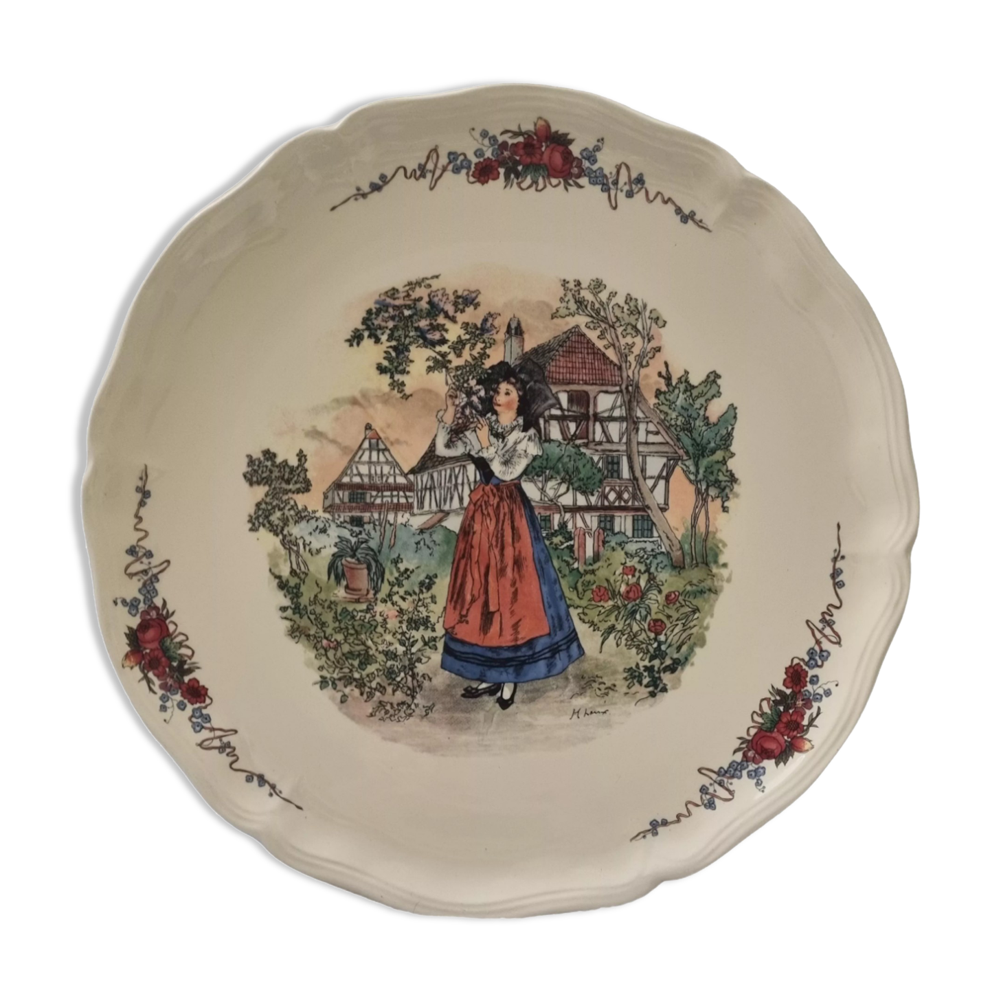 Large round serving dish earthenware Sarreguemines - OBERNAI - H. LOUX