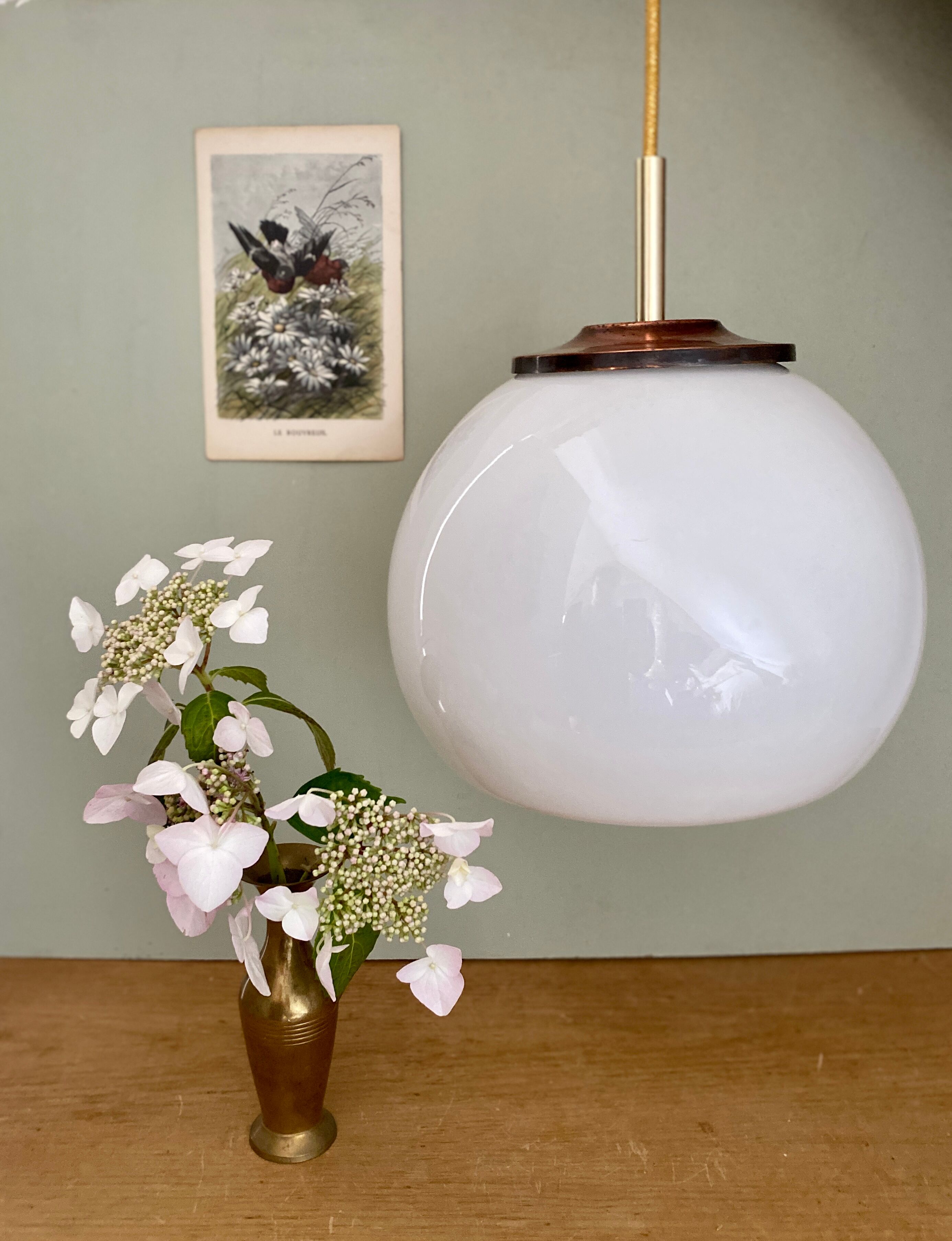 Vintage globe pendant lamp in white opaline