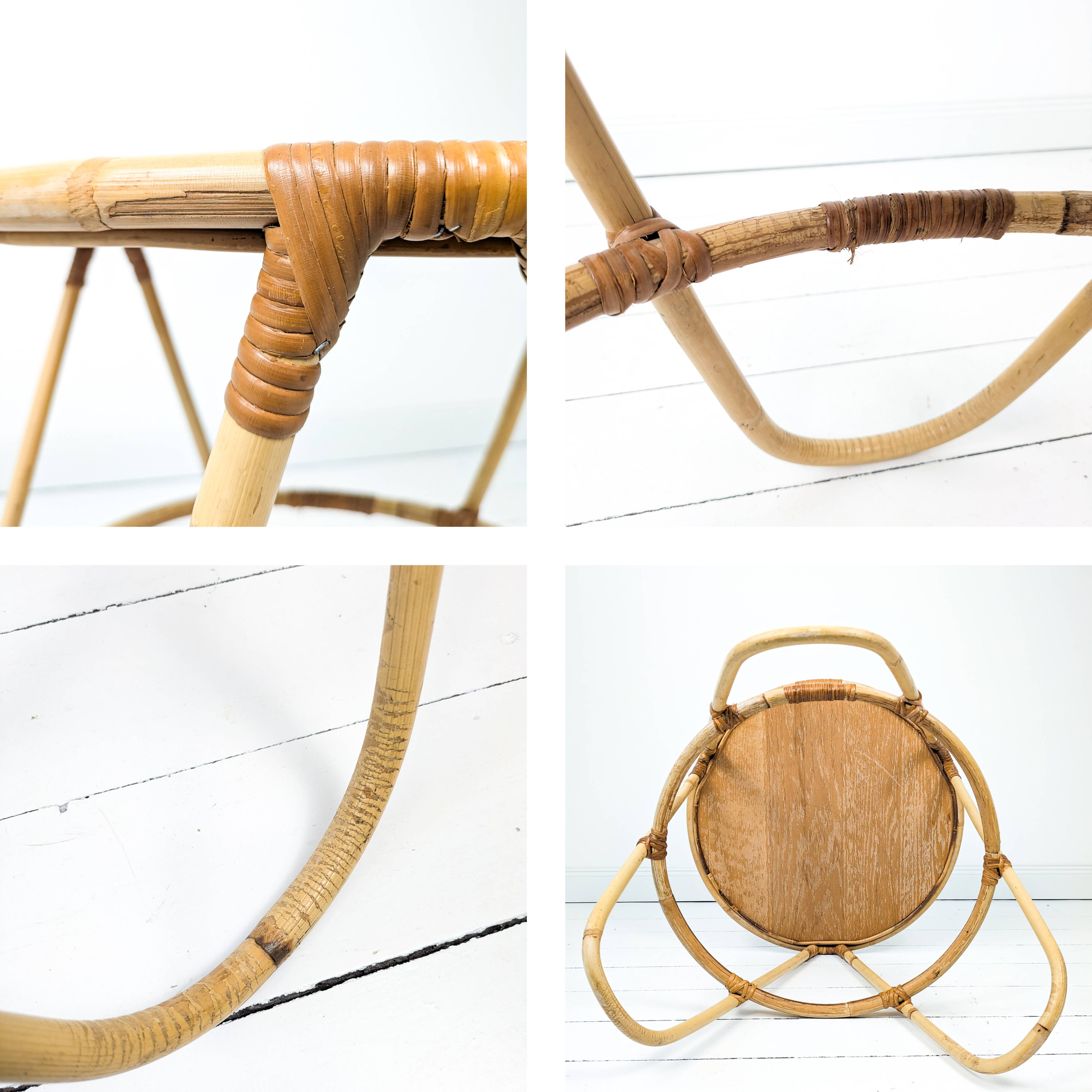 Table basse vintage ronde en bambou et rotin clair Mid-Century style scandi
