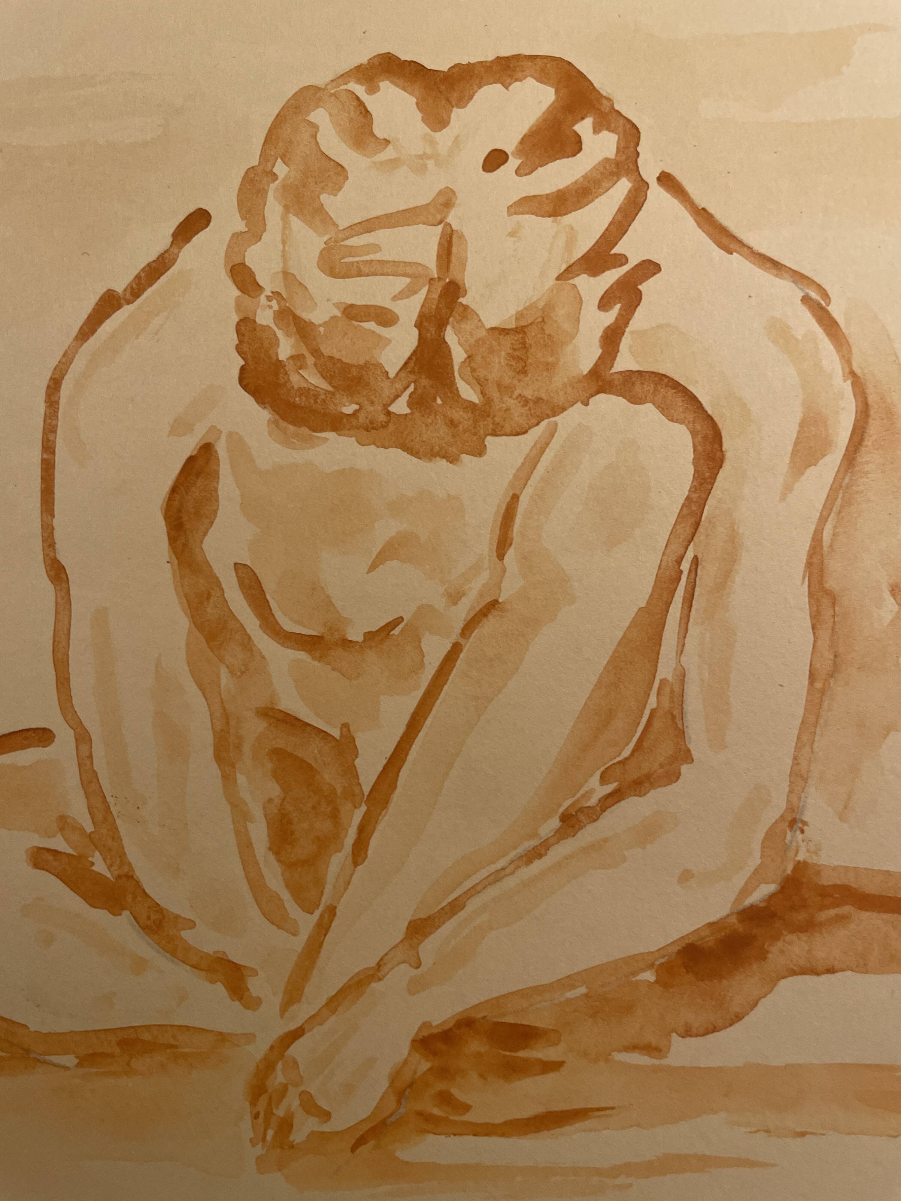 Signed painting monochrome watercolor female portrait "crouching study"