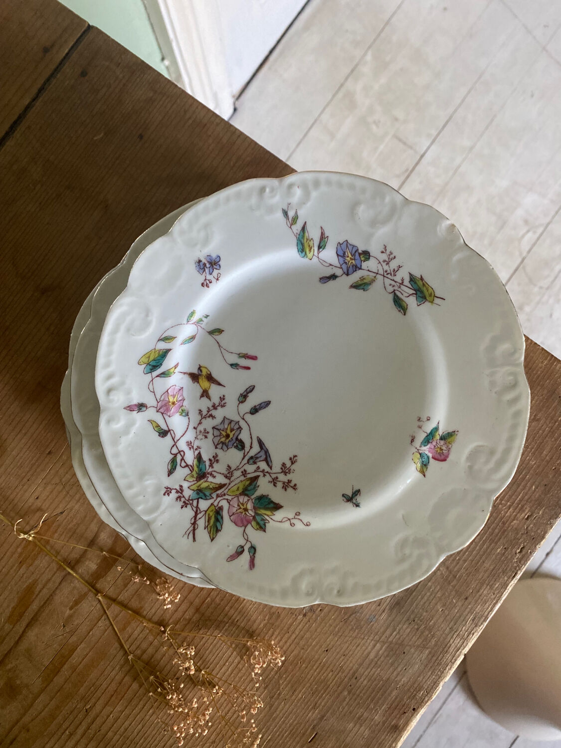 Ensemble de 4 assiettes vintages mésanges et liseron