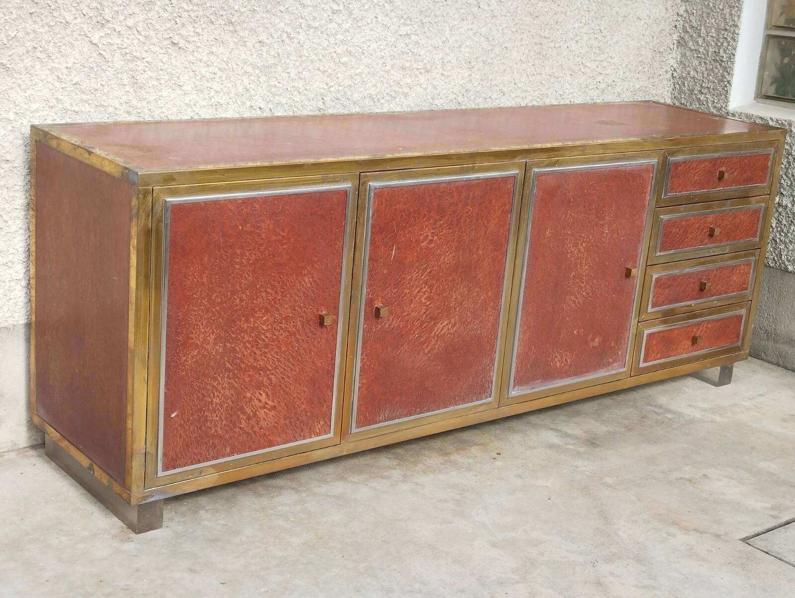 Sideboard shelf design 70 Michel Pignères amboyna burl chrome brass